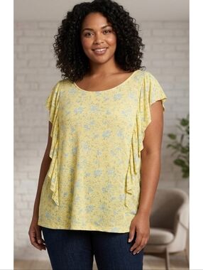 Chaps Ruffle Sleeve Floral Top Yellow Size XXL